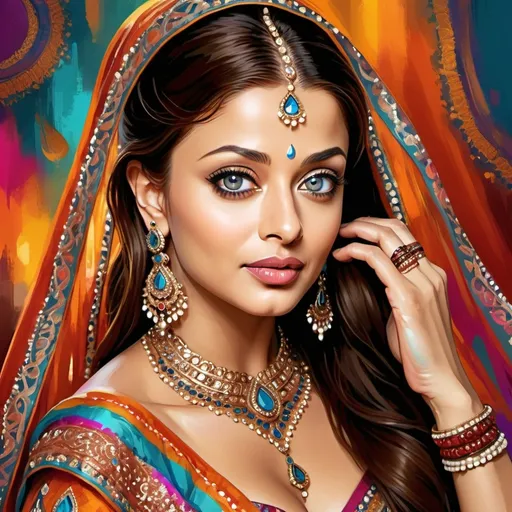 Prompt: Vibrant digital painting of Aishwarya rai, ornate traditional attire, intricate henna designs, flowing fabric with rich textures, striking jewelry and accessories, high quality, detailed, vivid colors, digital painting, traditional, ornate details, vibrant tones, intricate patterns, cultural, elegant lighting