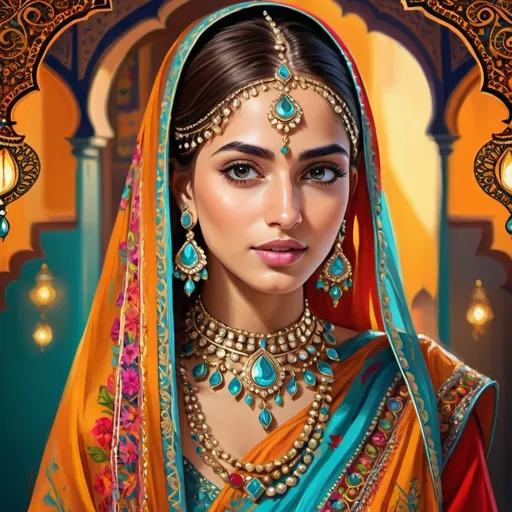 Prompt: Vibrant digital painting of Phool Tahir, ornate traditional attire, intricate henna designs, flowing fabric with rich textures, striking jewelry and accessories, high quality, detailed, vivid colors, digital painting, traditional, ornate details, vibrant tones, intricate patterns, cultural, elegant lighting
