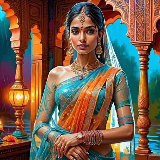 Prompt: Vibrant digital painting of indian model in wet see thru sari, ornate traditional attire, intricate henna designs, flowing fabric with rich textures, striking jewelry and accessories, high quality, detailed, vivid colors, full length digital painting, traditional, ornate details, vibrant tones, intricate patterns, cultural, elegant lighting