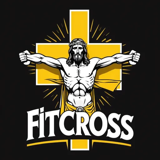 Prompt:  Big Logo 

Sports  Team 

White & Yellow

Jesus on a cross holding dumbbell Cartoon

Text says FITCROSS 