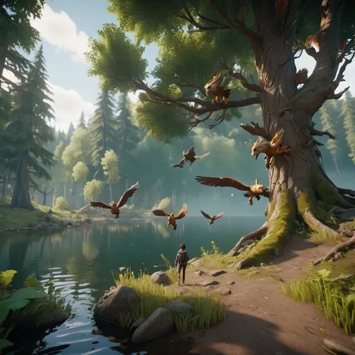 Prompt: a mysterious forest next to a lake, high quality, unreal engine with griffins with teenagers flying on them