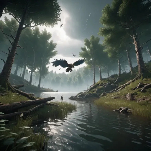 Prompt: a mysterious forest next to a lake, high quality, unreal engine with slim griffins  flying with teenagers flying on them in a storm