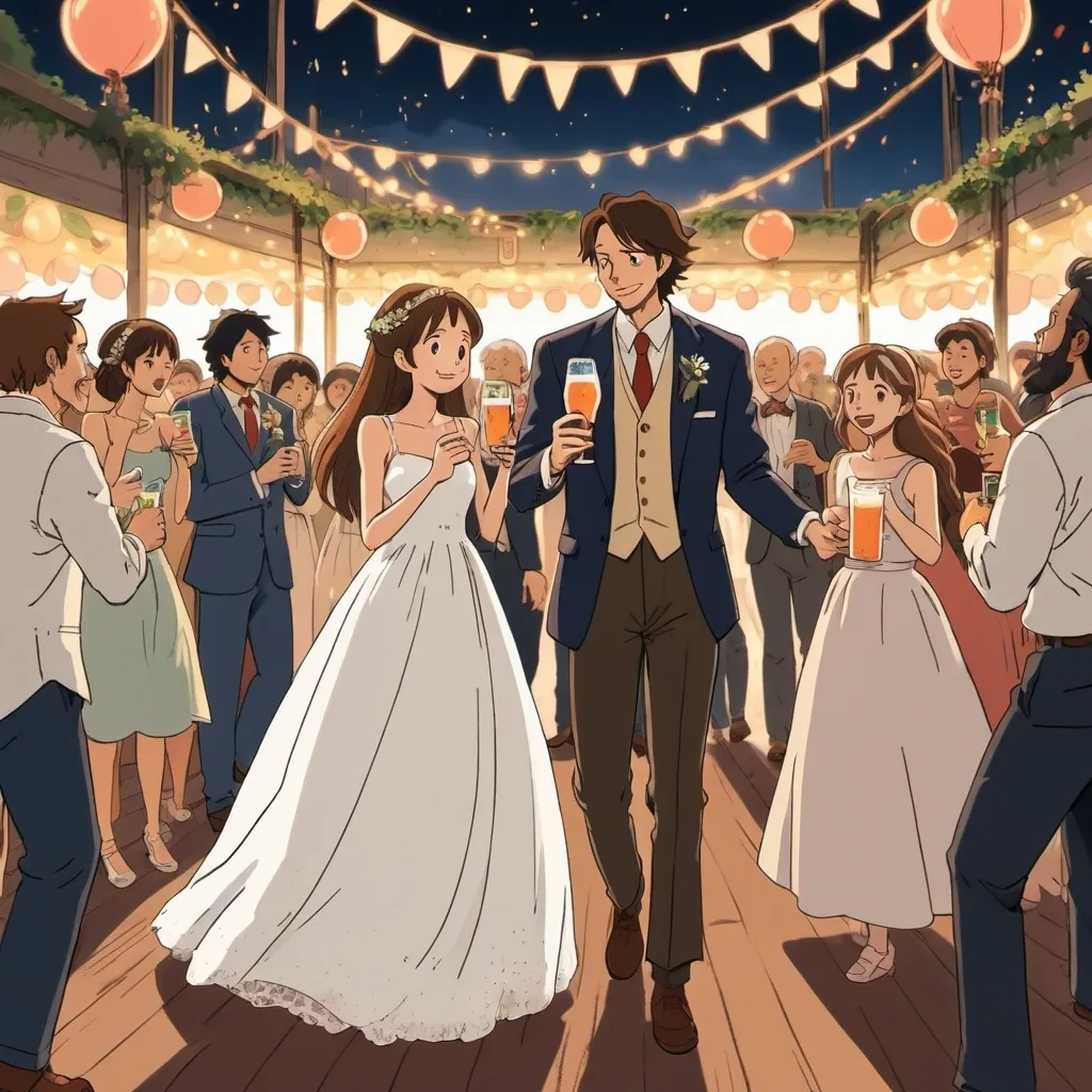 Prompt: 2d studio ghibli anime style, party scene with tall guy and small lady with brown long hair in wedding dress dancing hand in hand on loud music with drinks and food