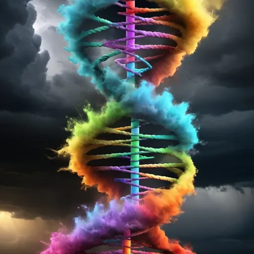 Prompt: A dna storm tornado with colors. We should see the bonds between the basis. It should look enough like a tornado.