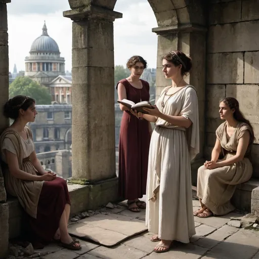 Prompt: Hypatia teaching women in a ruined London