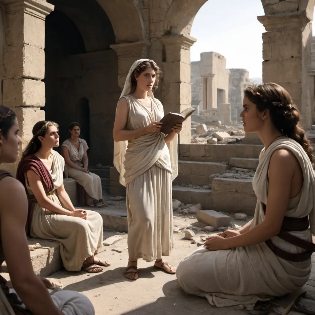 Prompt: Hypatia teaching women in a ruined warzone.