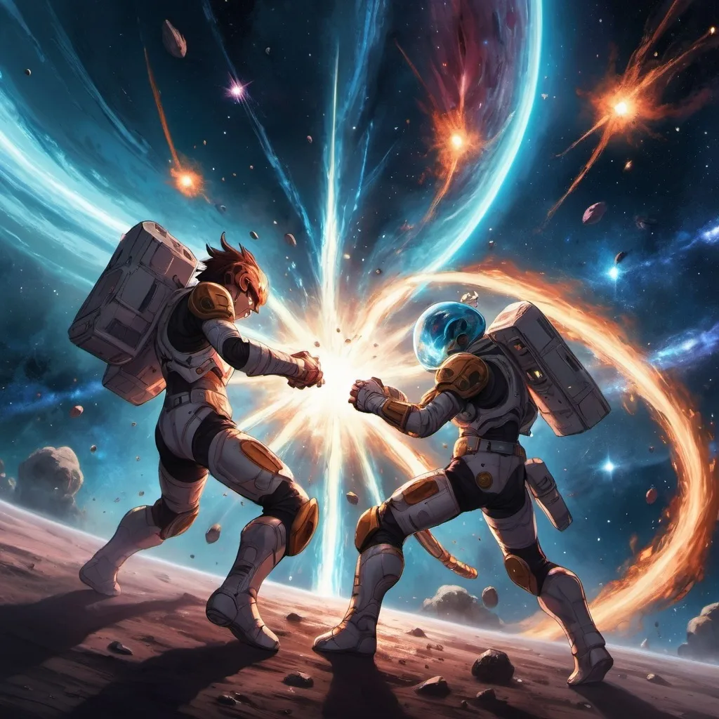 Prompt: Illustrate a scene of two individuals engaged in a fierce battle, exchanging overpowering abilities amidst the vastness of outer space. Capture intense energy clashes, cosmic backgrounds, and dynamic action reminiscent of a cosmic showdown in anime style.