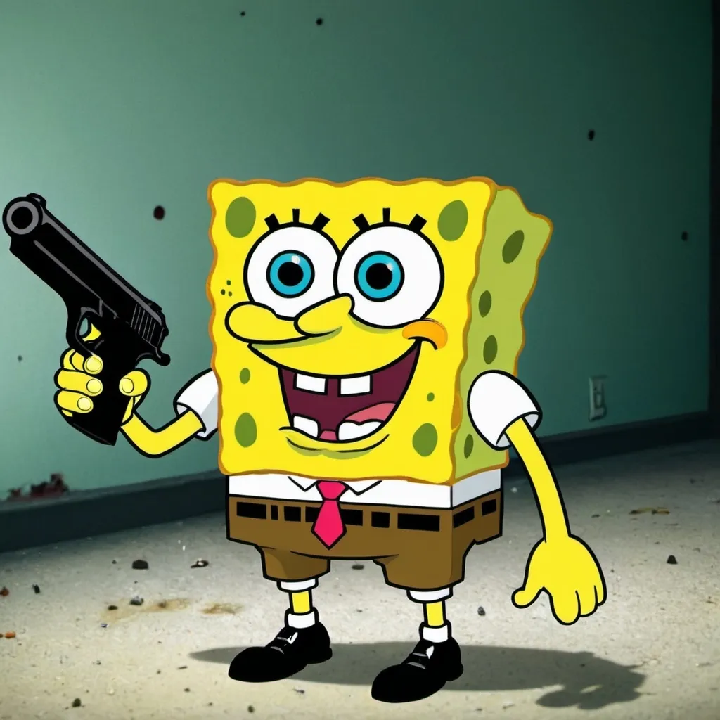 Prompt: spongebob posing with a gun like a gangster like a hard meme picture from the 2000s. Like no seriously, make him hard as hell