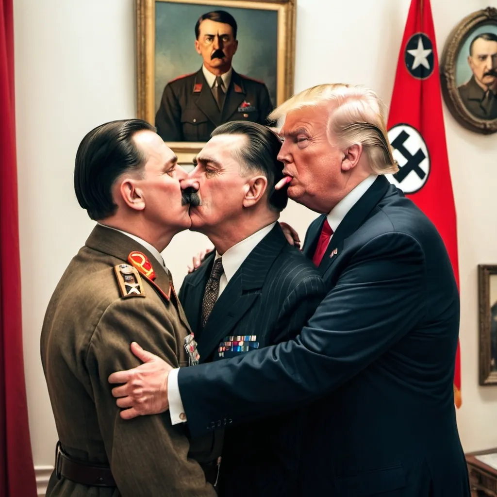 Prompt: trump and hitler kissing while stalin watches in the corner 
