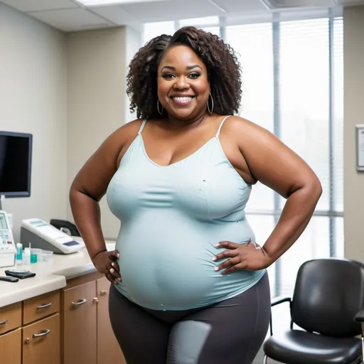 Prompt: an  out of shape slightly obese  black smiling  woman standing in a plastic surgeons office waiting for a consultation