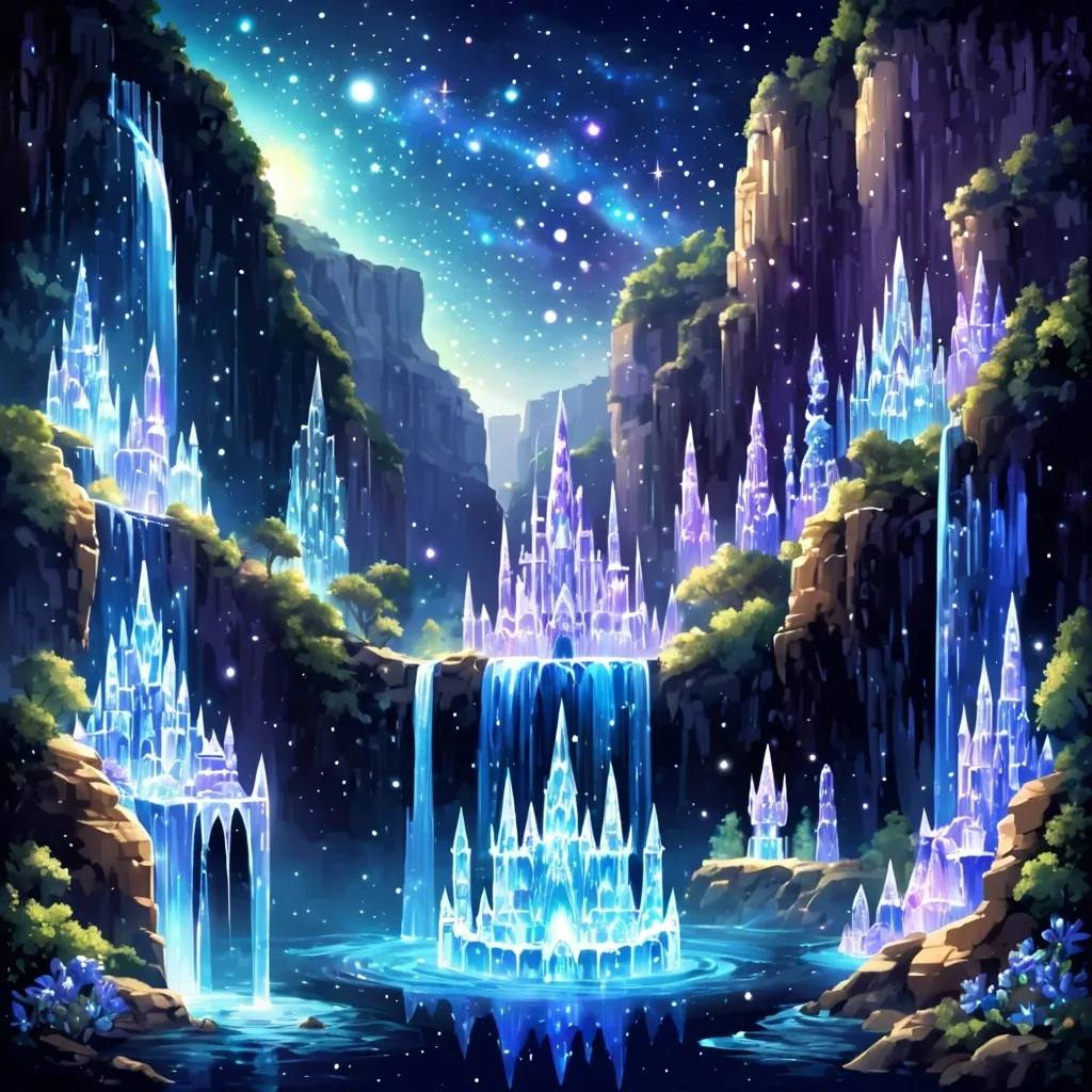 Prompt: in a canyon filled with waterfalls and crystal statues with a crystal castle glimmering in a cosmic night sky