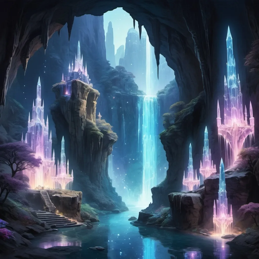 Prompt: in a canyon filled with waterfalls and crystal statues with a crystal castle glimmering in a cosmic night sky