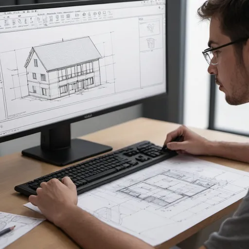 Prompt: Close-up of a person sitting in front of a PC and drawing architectural plans in CAD.
