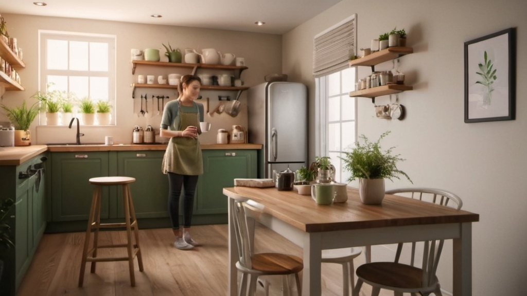 Prompt: Two people standing in a tea kitchen, chatting and drinking coffee.

