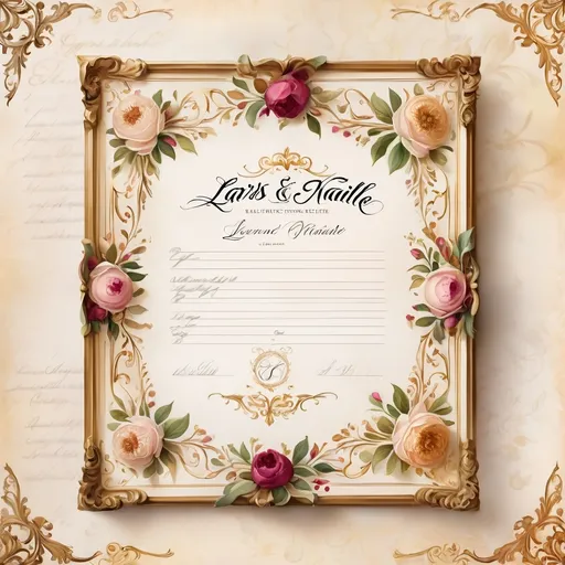 Prompt: Marriage certificate illustration for Lars & Natalie, elegant calligraphy, vintage parchment paper, ornate gold border, romantic floral details, high quality, detailed, vintage, elegant style, warm tones, soft lighting