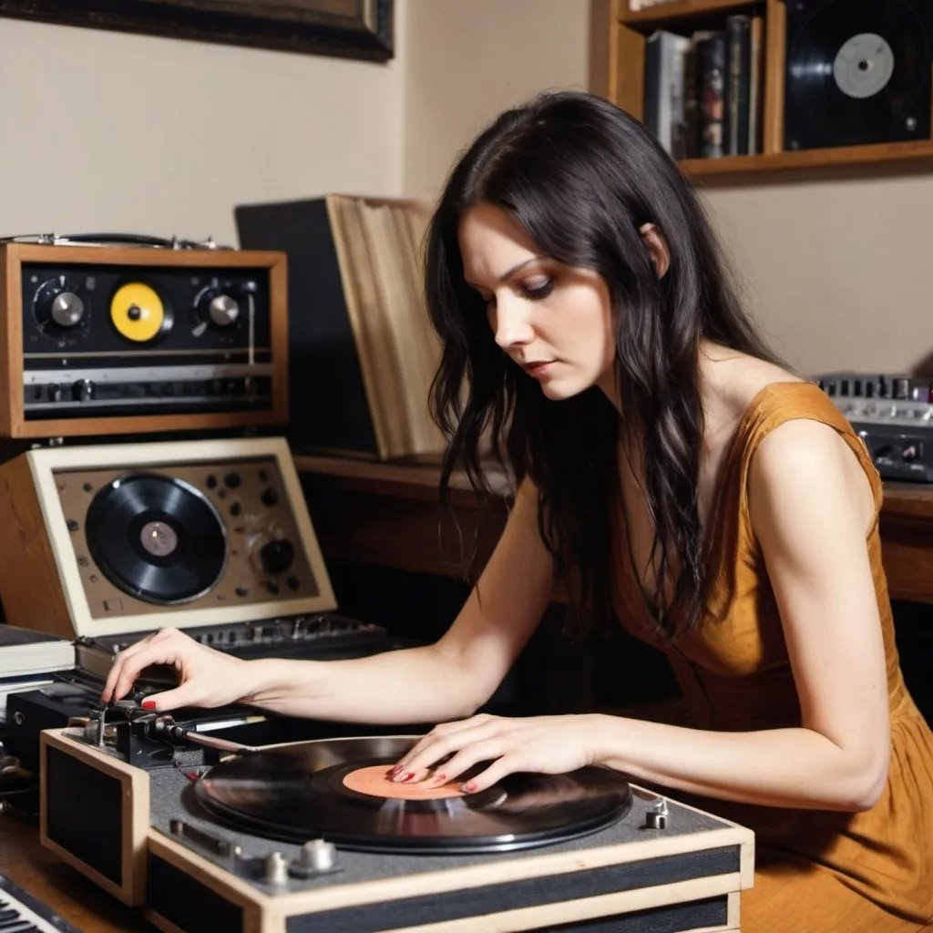 Prompt: A beautiful woman is playing records  from the smashing pumpkins 