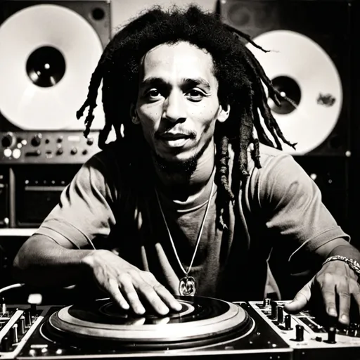 Prompt: Bob Marley is a DJ with 2 turntables 