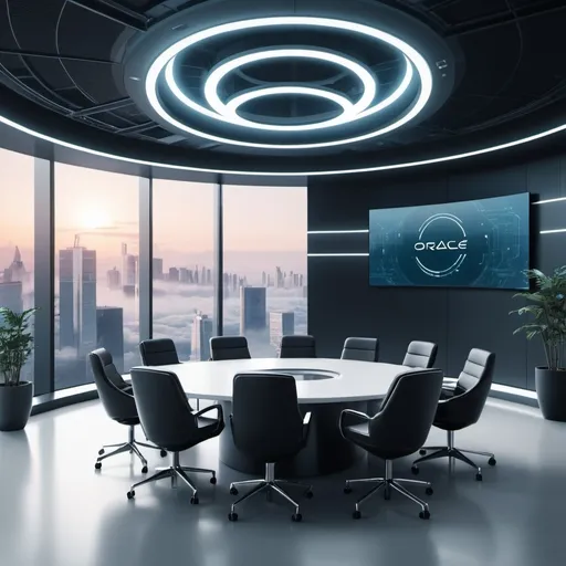 Prompt: Futuristic office background for virtual meetings with the Oracle logo

