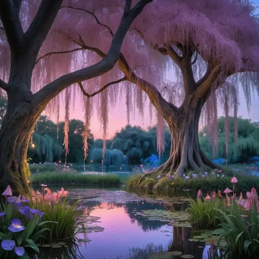 Prompt: it’s dusk but the scene is glowing with magic and fireflies of purple, pink, and blue are lighting up the scene. In the foreground is a weeping willow tree with leaves hanging down that cover part of the scene. Behind the tree in the background is a magical pond with lily pads. Around the scene are mushrooms and magical flowers. The scene is full of purple, pink, and blue. It is a whimsical and fairytale style