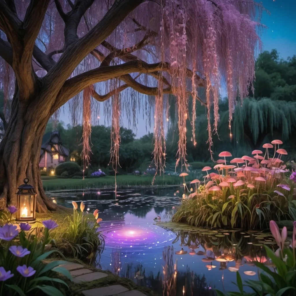 Prompt: it’s dusky dark but the scene is glowing with magic and fireflies of purple, pink, and blue are lighting up the scene. In the foreground is a weeping willow tree with leaves hanging down that cover part of the scene. Behind the tree in the background is a magical pond with lily pads. Around the scene are mushrooms and magical flowers. The scene is full of purple, pink, and blue. It is a whimsical and fairytale style