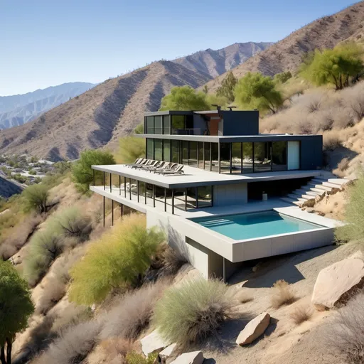 Prompt: a modernist house in the style of Marmol Radziner prefab, L-shaped, on a steep slope in Santa Rosa mountains, facing Coachella Valley, with a narrow pool