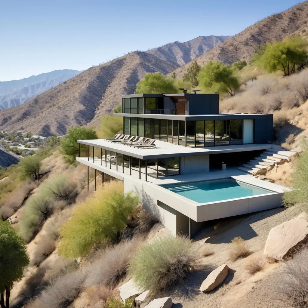 Prompt: a modernist house in the style of Marmol Radziner prefab, L-shaped, on a steep slope in Santa Rosa mountains, facing Coachella Valley, with a narrow pool