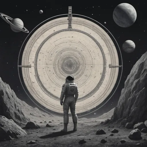 Prompt: a man standing in front of a space station with planets and stars in the background, and a man standing in the middle of the space, Dan Hillier, space art, future, an album cover