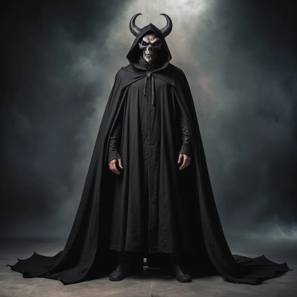 Prompt: A medieval demon is standing in a full length black cloak