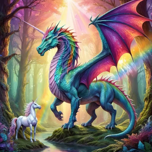 Prompt: Fantasy illustration of a Dragon and a Unicorn, vibrant and magical, detailed scales and fur,  ethereal and fantastical, high quality, fantasy, vibrant colors, mystical forest, majestic creatures, magical atmosphere, detailed design, professional, ethereal lighting, Rainbows