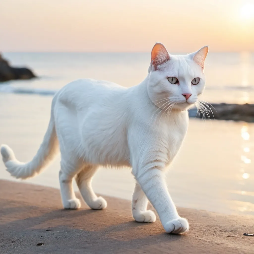 Prompt: a beautiful white cat walking by the sea 