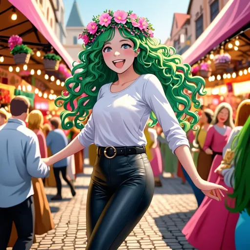 Prompt: Beautifull young woman with long curly green hair and grey eyes, dances on a markedplace  with a wrath of pink flowers in her hair. She is wearing black leather leggins, a white shirt with a belt. She is laughing