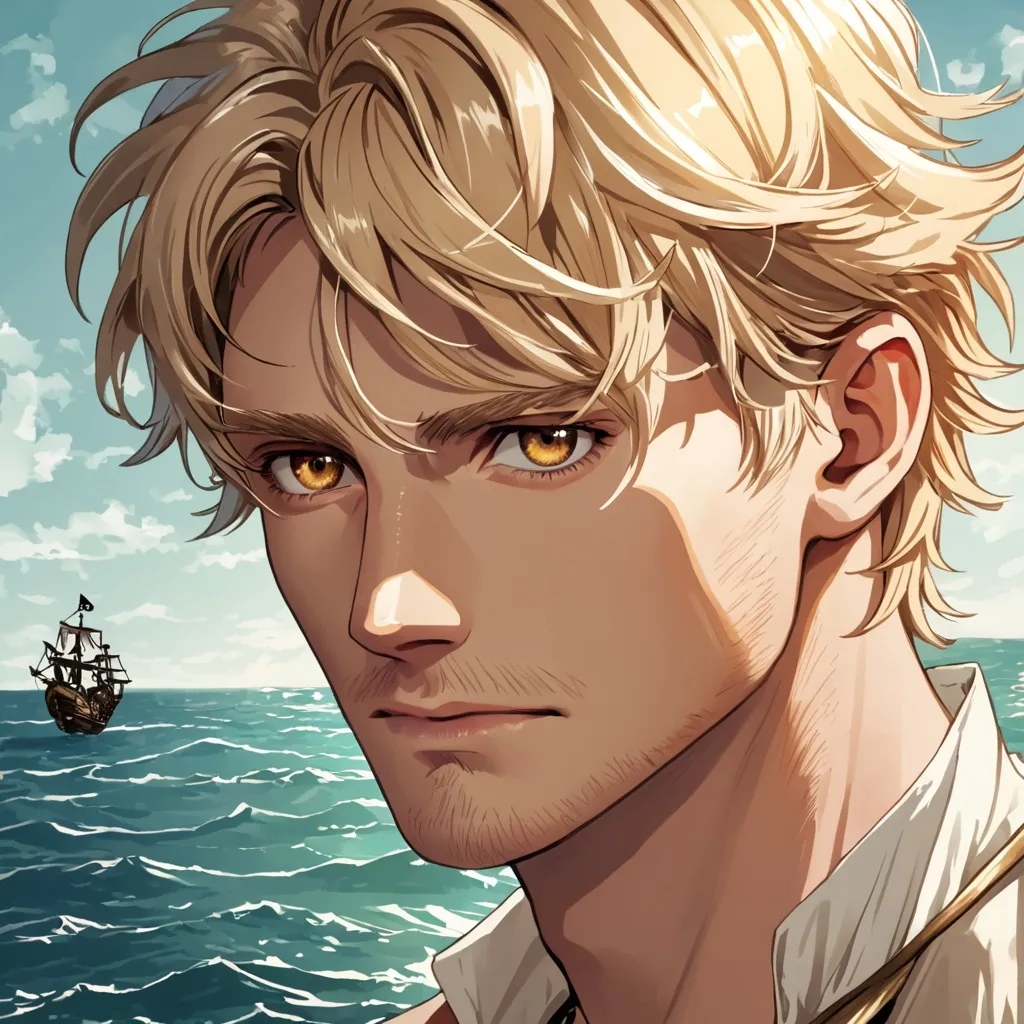 Prompt: A handsome  blond man, with short hair, that falls into his eyes, has brown eyes looking out ove rthe ocean. pirate