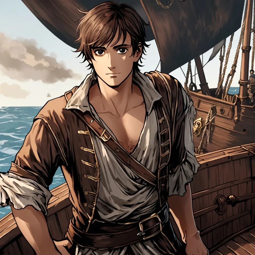 Prompt: A handsome man with short dark  brown hair and black eyes, looking arround a pirateship. dressed in rags