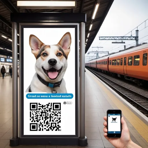 Prompt: create a billboard at a train station. On the billboard put a picture of a quizzical dog and a bowl. In the bottom corner of the billboard, add a QR code