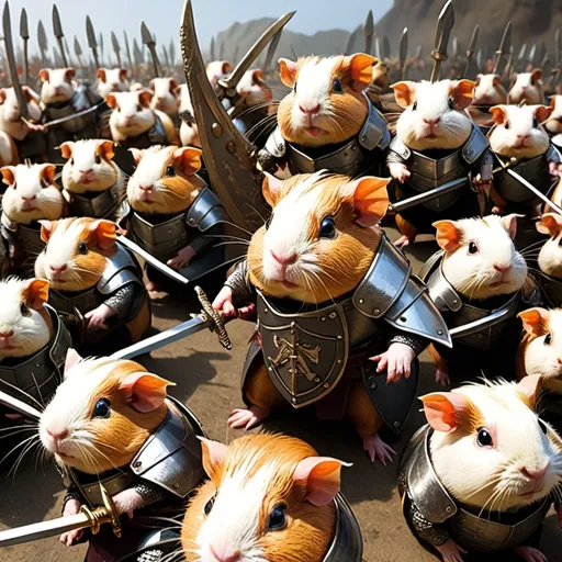 Prompt: A army of guinea pig with swords and shields fighting a dragon 