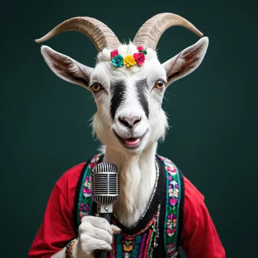 Prompt: A Mexican goat that is a rockstar with a microphone, posing for a portrait 