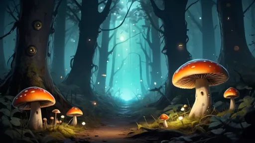 Prompt: A haunted forest with no path, a few small glowing Mushrooms, fireflies and some hidden glowing eyes 