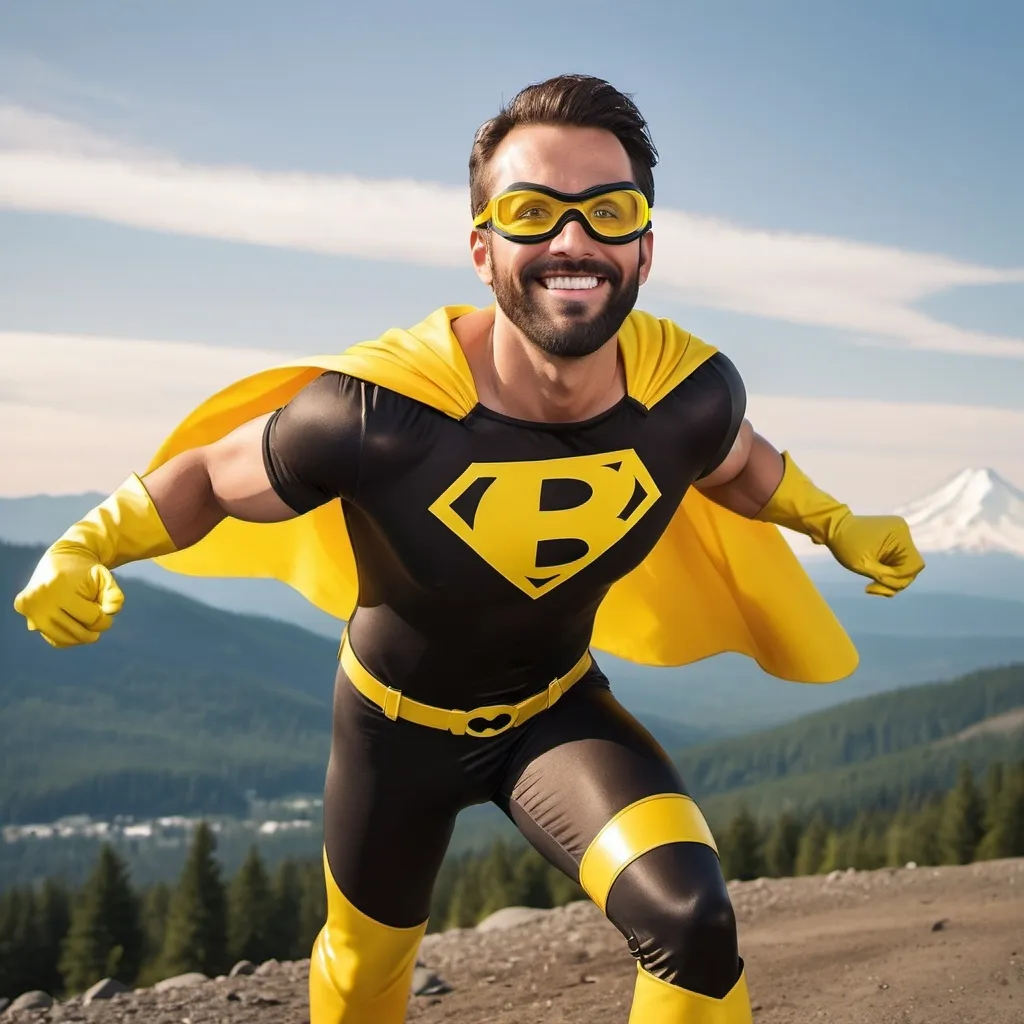 Prompt: a tanned, male super hero wears a black and yellow superhero costume with long yellow rubber gloves.  His short and trendy hair color is dark brown. he has a tidy, short, dark  beard. He wears yellow safety goggles. He flies through the air.  A large capital letter "B" is prominently displayed on his chest.  his superhero cape is yellow and includes a border of 13 smiling poo emojis. the east side of Mt. Hood is in the background at golden hour. pop art uplifting tone.