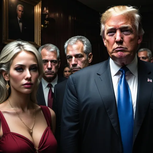 Prompt: (donald trump and jeffrey epstein watch as women are sold to rich men), gloomy atmosphere, dramatic shadows, dark color tones, deep reds and blacks, tense and unsettling scene, clandestine environment, luxurious and opulent background, high-class venue, richly dressed men, somber expressions, concerned and frightened women, photorealistic, ultra-detailed, 4K, high dynamic range, intricate textures, soft dim lighting, cinematic, highly expressive faces