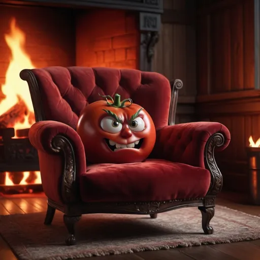 Prompt: (angry tomato) sat in an armchair in front of a fire, warm and intense lighting, flames dancing, cozy yet tense atmosphere, detailed expression, deep red tones, dark wooden background, highly textured armchair, velvet cushion, realistic fire glow, ultra-detailed, high quality 4K.