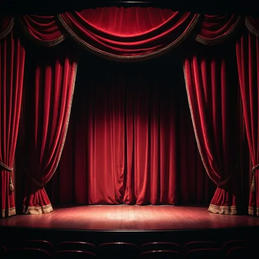 Prompt: (empty theatre stage), (red velvet curtains), spotlight, dramatic atmosphere, high contrast lighting, vibrant red tones, rich textures, softly lit background, dimly illuminated seating, sense of anticipation, intricate curtain details, serene and quiet, ultra-detailed, 4K resolution, cinematic mastery, immersive scene, theater architecture, subtle shadow play.