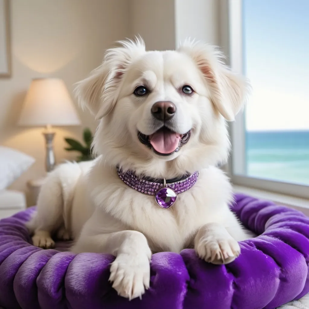 Prompt: create a happy white fluffy dog with long eye lashes wearing a purple diamond encrusted collar sitting on a lux dog bed staring out the window at the ocean
