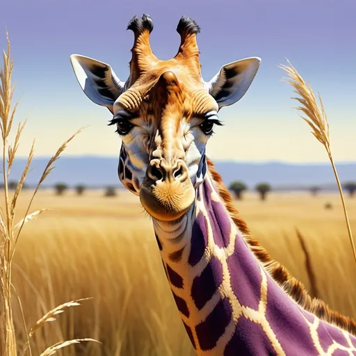 Prompt: create a hyper-realistic image of a giraffe that is colored green, purple, gold and silver with longer than usual horns, smiling at the camera showing it's teeth on the Serengeti 