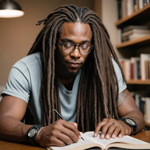 Prompt: Black man with long dreads wearing reading glasses 
