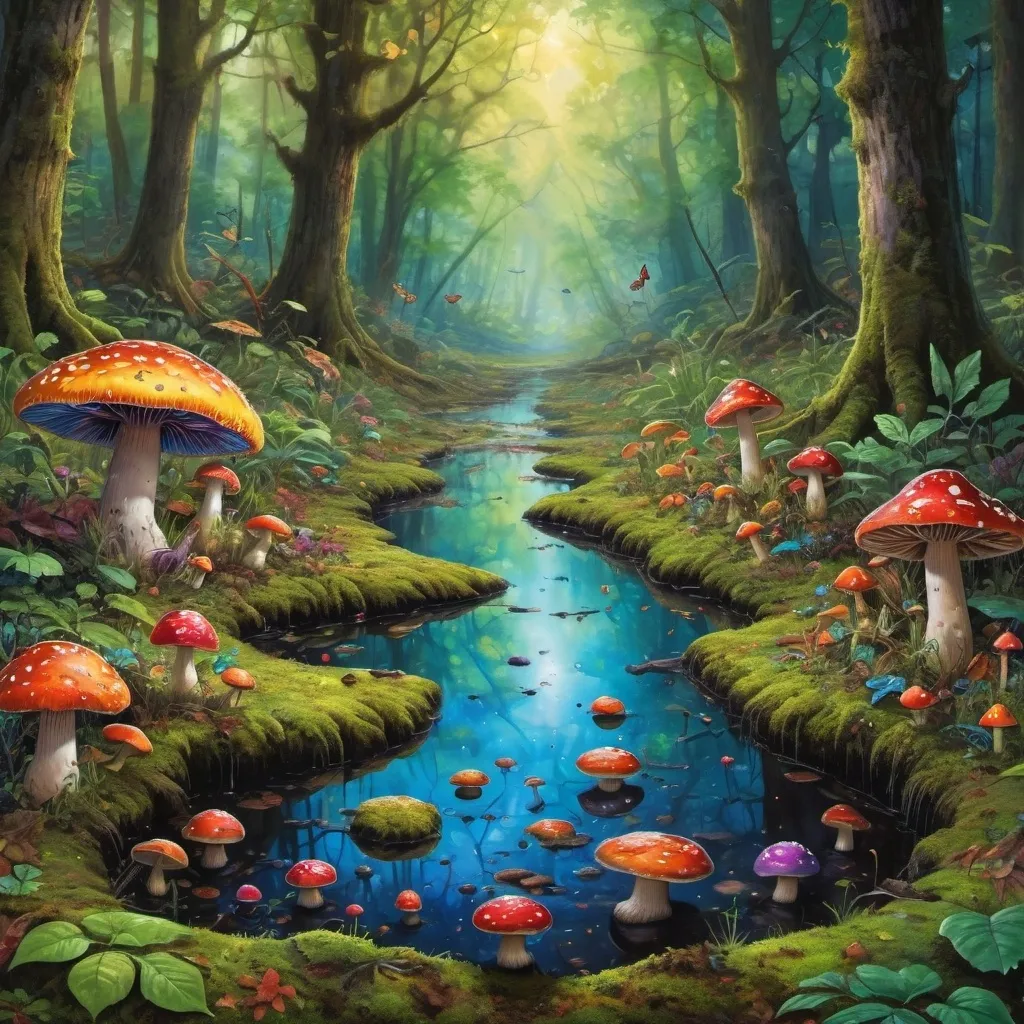 Prompt: a tie dye puddle in the dark woods with leaves falling and in it, small multicolored mushrooms growing around, moss, frogs amphibians insects psychedelic