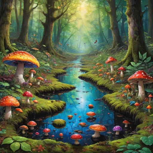 Prompt: a tie dye puddle in the dark woods with leaves falling and in it, small multicolored mushrooms growing around, moss, frogs amphibians insects psychedelic