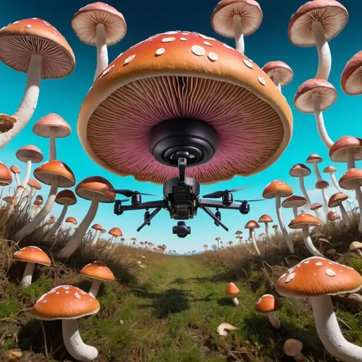 Prompt: a drone is flying through a field of mushrooms in a psychedelic art 