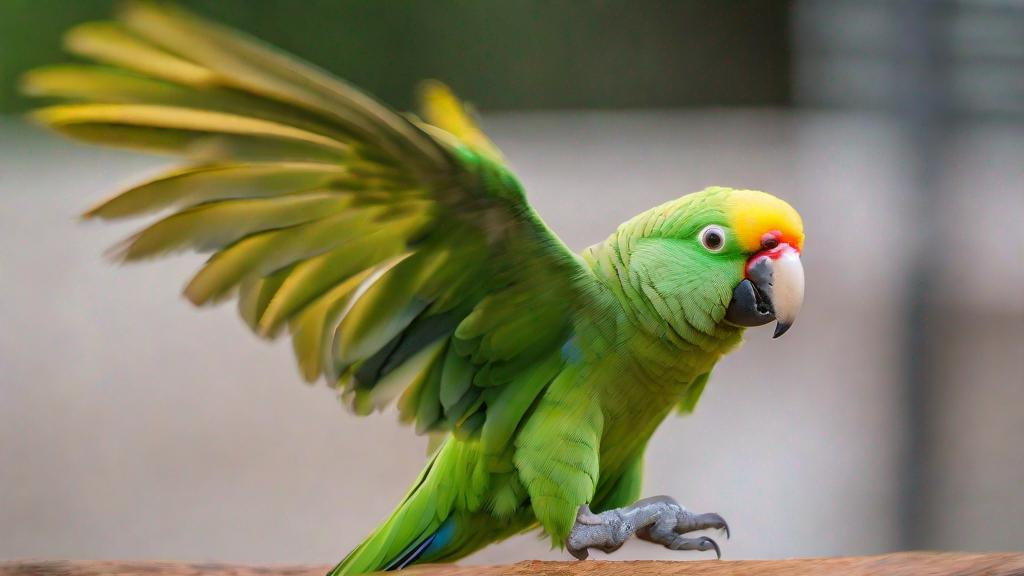 Prompt: Baby green parrot in motion, captured with long exposure photography Nikon D850 DSLR camera f/4. ISO 200