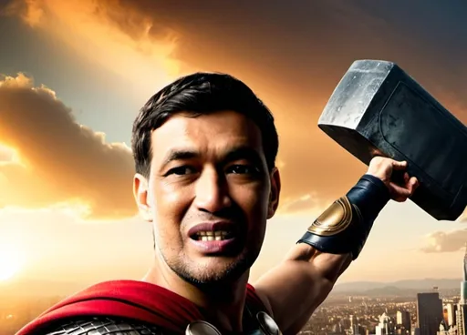 Prompt: 3d A young boy, about 35 year old, wearing a Thor costume with a cape,  Gallant hands of a giant hammer at the viewer. He is facing straight, in a classic flying pose with one arm extended forward and a joyful expression on his face. The scene is cinematic with a dramatic sunset in the background, casting a golden hue over the buildings. The city below is detailed with skyscrapers and streets illuminated by the setting sun, creating a heroic and awe-inspiring atmosphere,face view