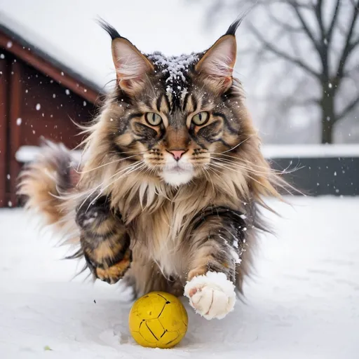 Prompt: Maine coon playing football under snow
With public Maine coon 